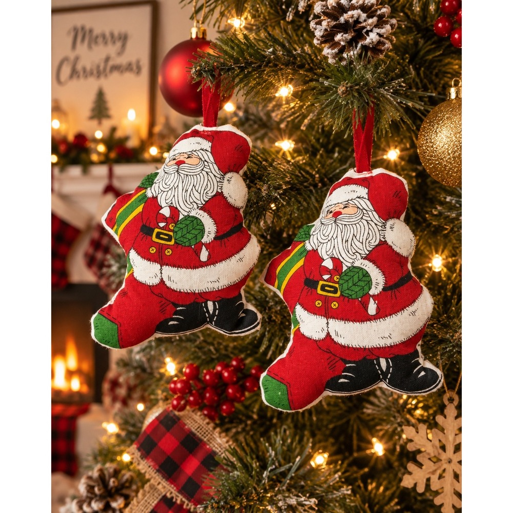 Vintage 1980s Santa Claus Fabric Ornaments Set of 2 Stuffed Christmas 5"